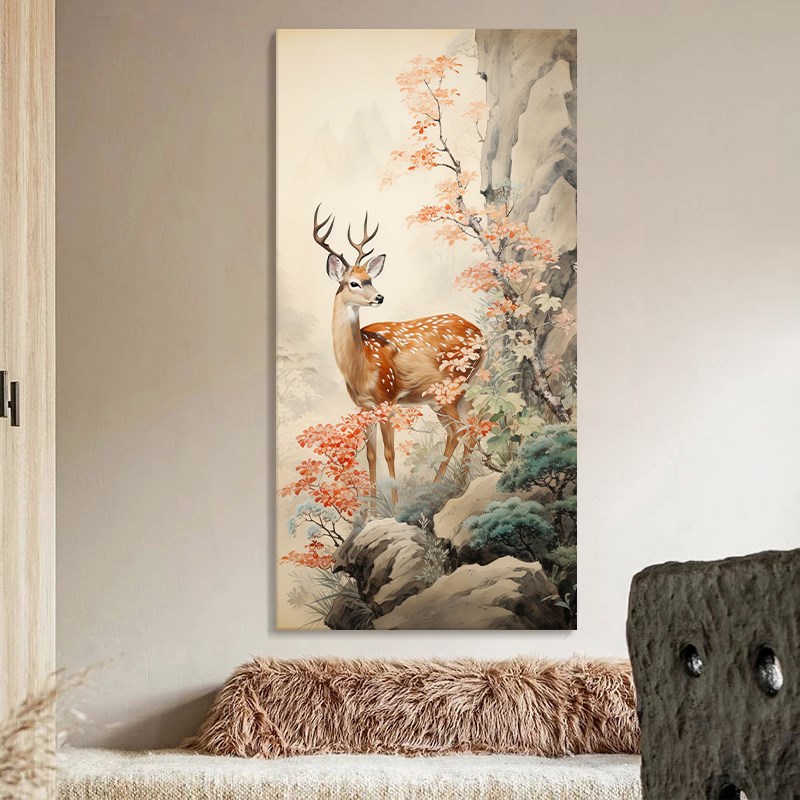 出入平安纯手绘油画梅花鹿装饰画新中式客厅动物肌理玄关小鹿挂画图片