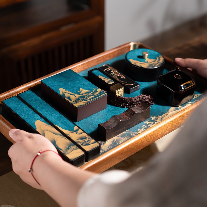 善琏湖笔 锦绣山河 文房四宝套装砚台墨条书法专用毛笔收纳盒笔墨