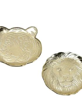 印度进口锡合金立体浮雕老虎狮子首饰收纳盘摆件黄铜展示支架装饰