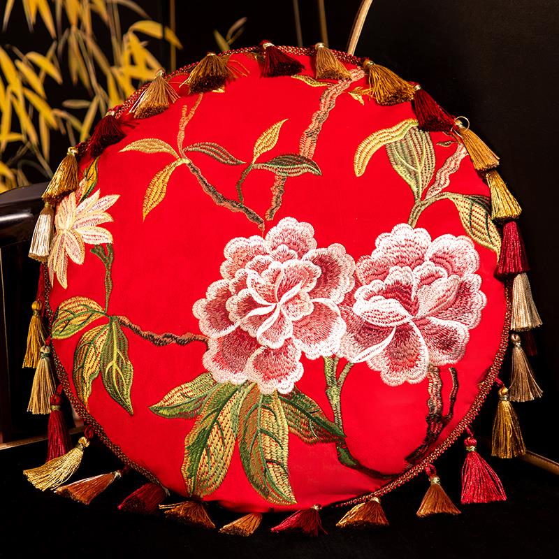 中式抱枕流苏圆枕沙发靠垫刺绣靠背腰枕高端中古腰托床头软包靠背
