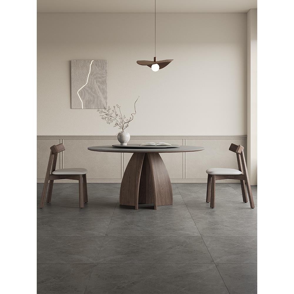 意式高端实木餐桌圆形带转盘家用新款胡桃木色侘寂风哑光岩板圆桌