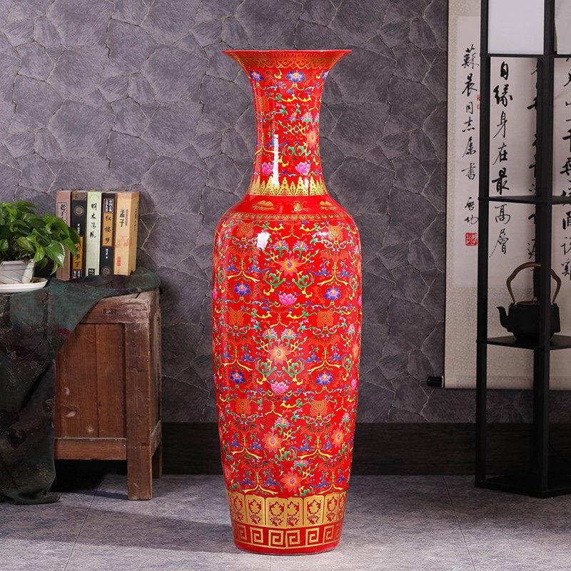 景德镇陶瓷器中国红色落地大花瓶新中式客厅插花装饰玄关摆件大号