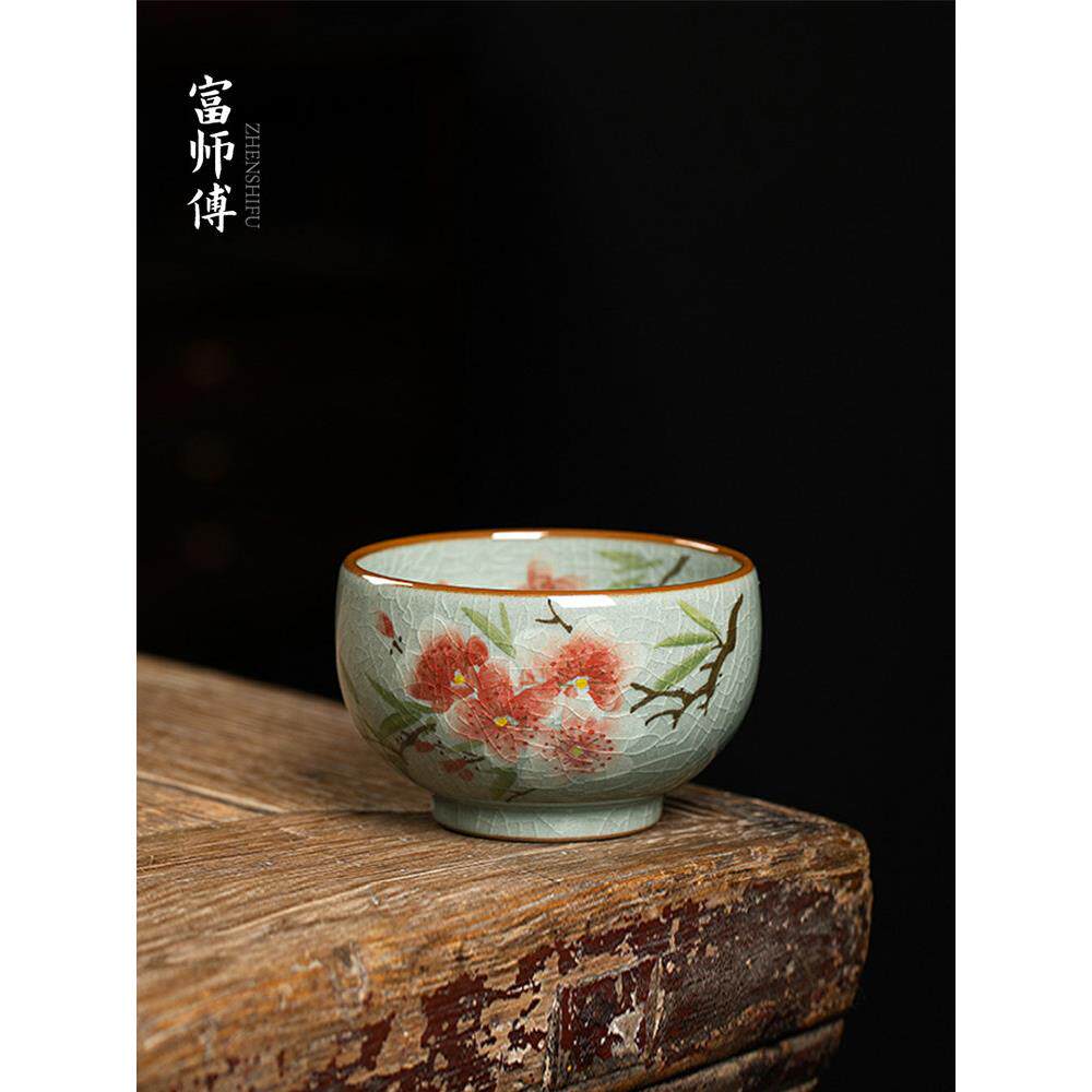 纯手绘桃花嫣红茶杯单杯釉下彩罗汉杯陶瓷主人杯功夫茶碗茶盏茶具