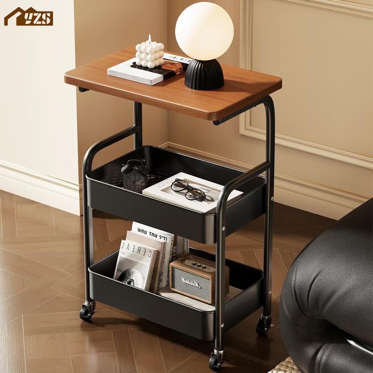 中古风小推车置物架书架可移动收纳层架沙发侧边零食储物带轮窄边