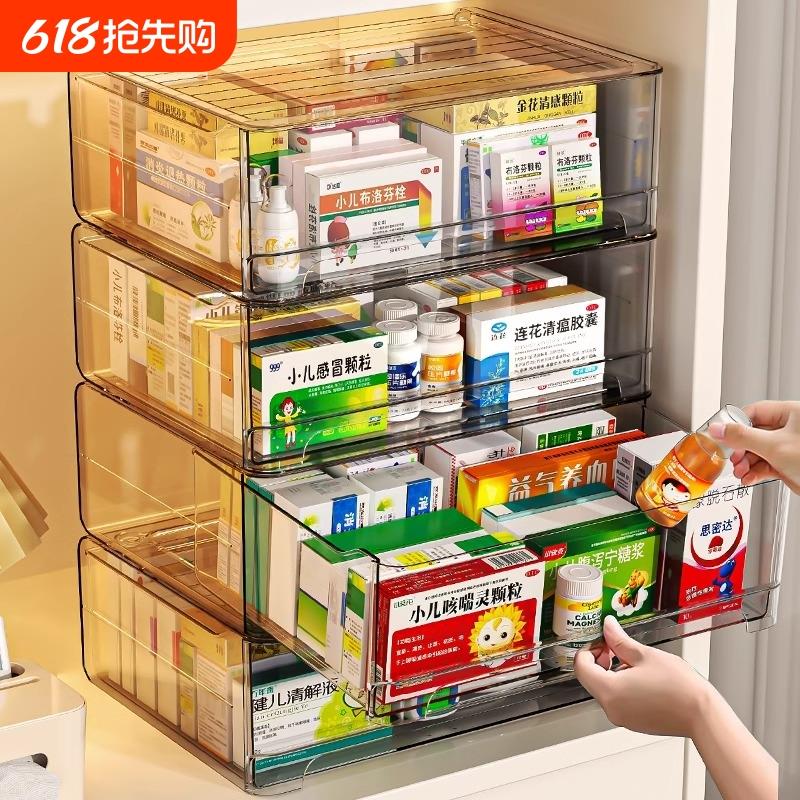 收纳盒抽屉式透明整理箱柜子置物架桌面亚克力药箱分层长方形分类