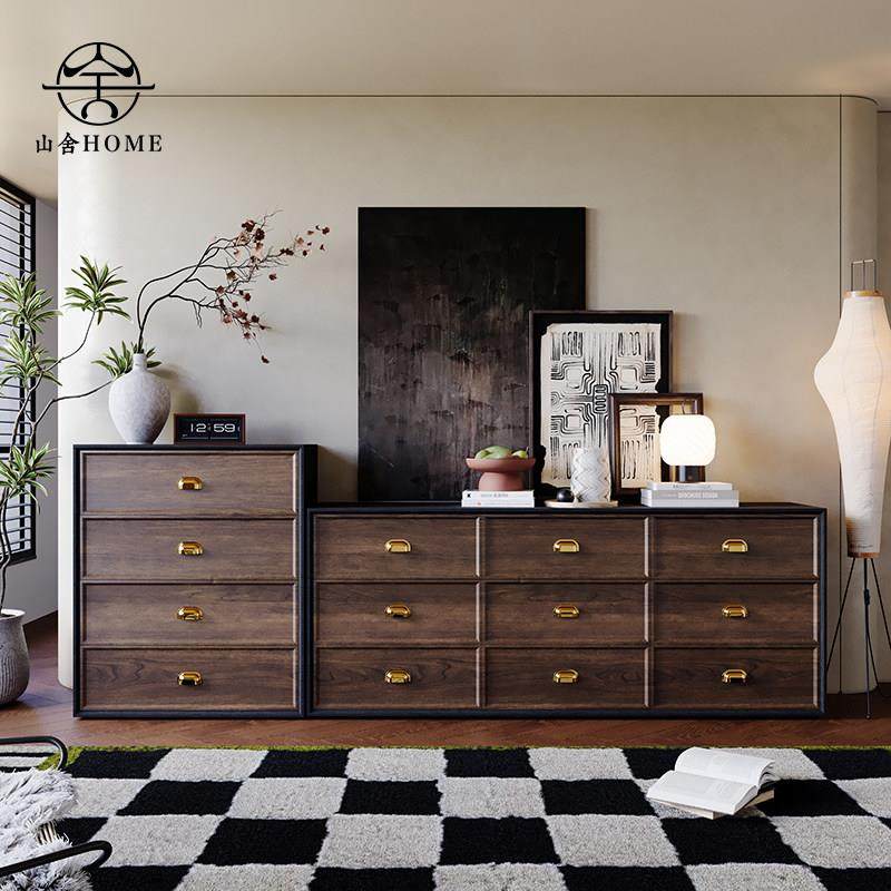 中古风九斗柜客厅玄关柜胡桃木色收纳柜收纳柜卧室覆古实木床尾柜