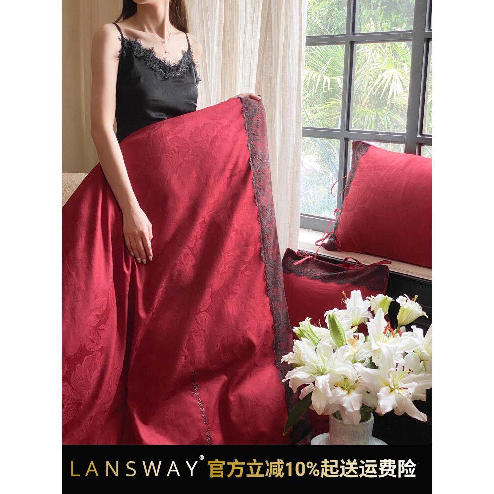 浪漫爱琴海婚庆四件套轻奢提花100S蕾丝花边红色结婚被套床单床品,床上用品,婚庆床品套件,淘宝优惠券,粉丝福利购,淘宝优惠卷