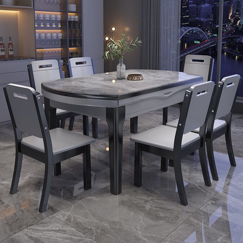 亮光岩板餐桌椅组合多功能方圆两用小户型家用实木简约轻奢餐桌