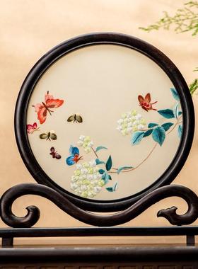 新中式摆件双面刺绣轻奢高档办公室台屏复古风苏绣特色工艺品送礼