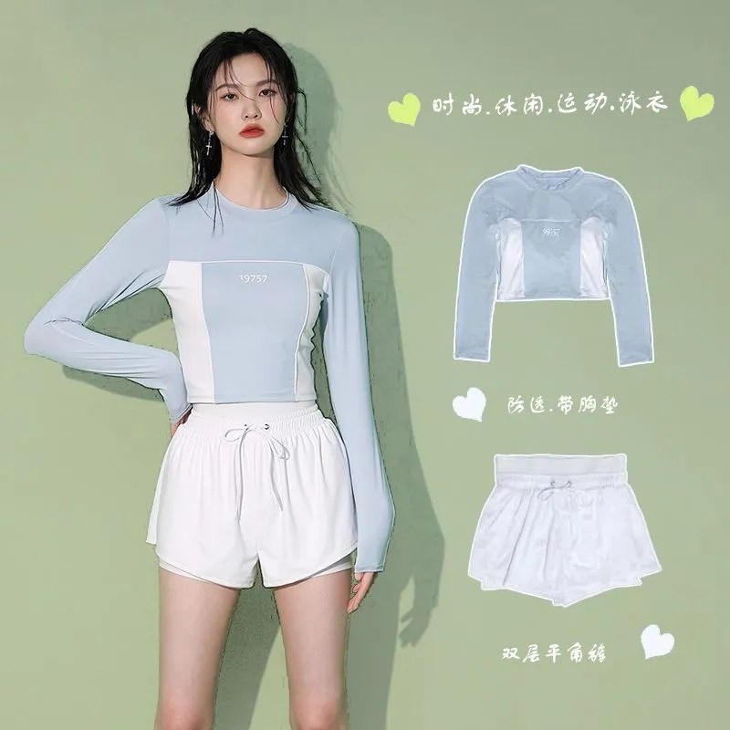 游泳衣女长袖运动分体两件套保守显瘦学生韩版ins风小胸聚拢温泉