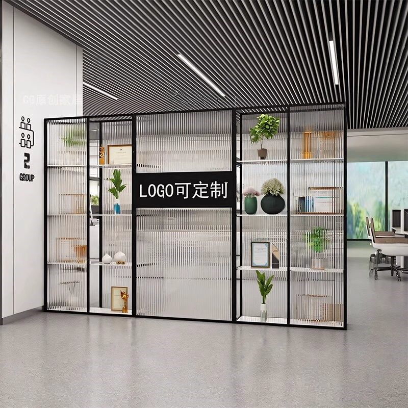 公司进门前台置物架玄关logo形象墙办公室玻璃隔断墙办公区域屏风