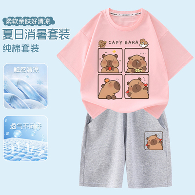 卡皮巴拉capybara印花衣服中大童休闲套装儿童纯棉短袖短裤两件套