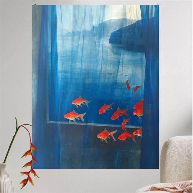 xhs蓝色延伸感挂布 唯美梦幻假窗户窗帘画 卧室房间装饰背景布,居家布艺,挂毯/壁毯,淘宝优惠券,粉丝福利购,淘宝优惠卷