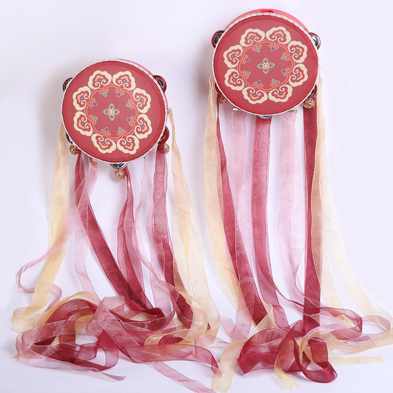 敦煌风舞蹈上铃鼓手拿鼓铃铛鼓 飘带手鼓国潮彩带鼓 汉服拍照道具