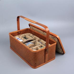 茶具盒整理箱复古风收纳篮茶具收纳盒箱家用民宿 竹编手提茶箱中式