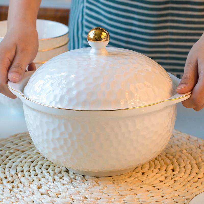 陶瓷汤碗汤煲家用双耳汤锅带盖子创意骨瓷大碗餐具不可明火大号碗