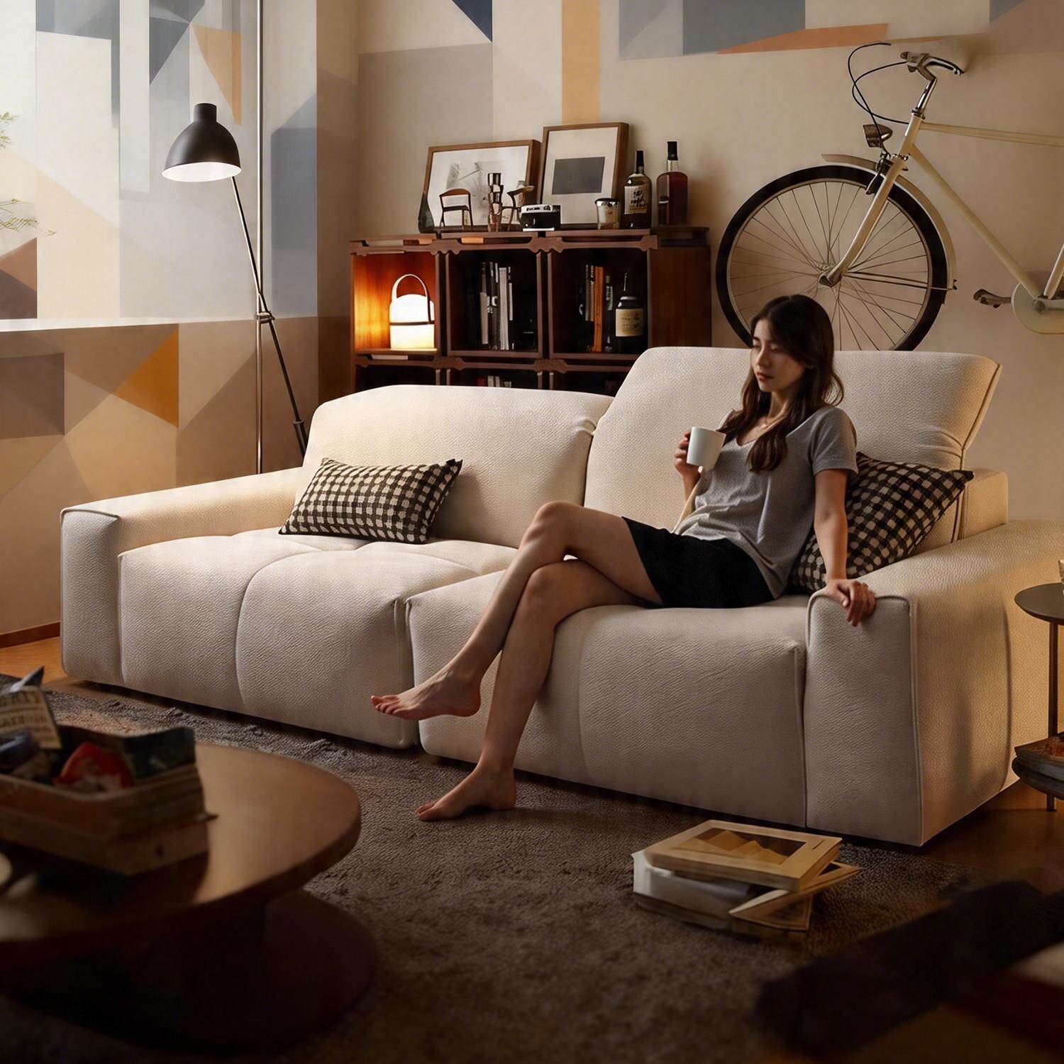 可全拆洗布艺沙发调节头枕靠像素雪尼尔布艺沙发直排豆腐块贵妃
