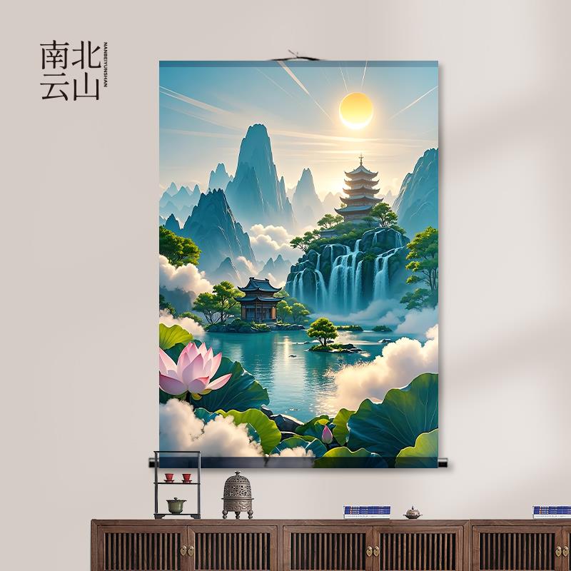 东北仙家堂单背景仙境山水画招财壁画挂图堂口风景图供奉卷轴画新