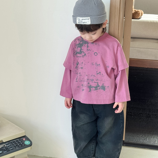 松韩屋童装男童2025年春秋款时尚拼接款卫衣紫色薄款男宝上衣小童