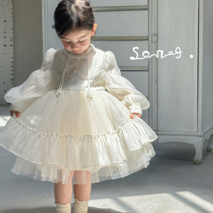 松韩屋女童连衣裙2025年秋季新款女童洋气可爱公主裙杏色裙子
