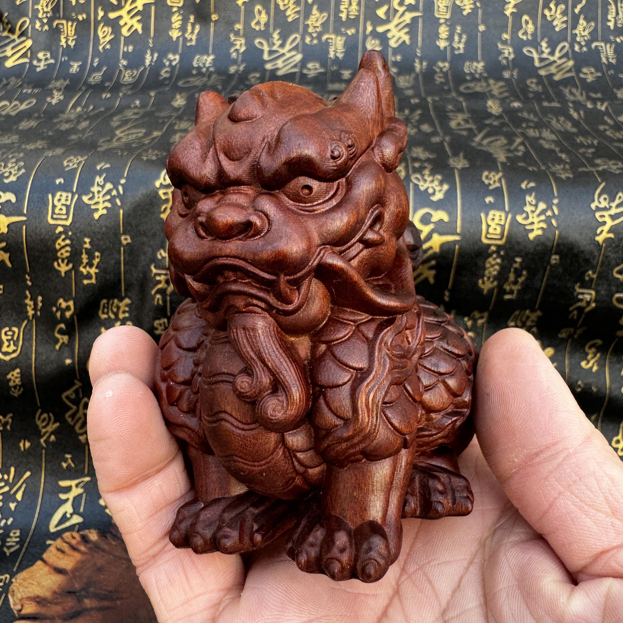 道家雷枣木麒手把实木雕刻瑞兽0麒麟背书麟文玩家件居HXR摆件1公