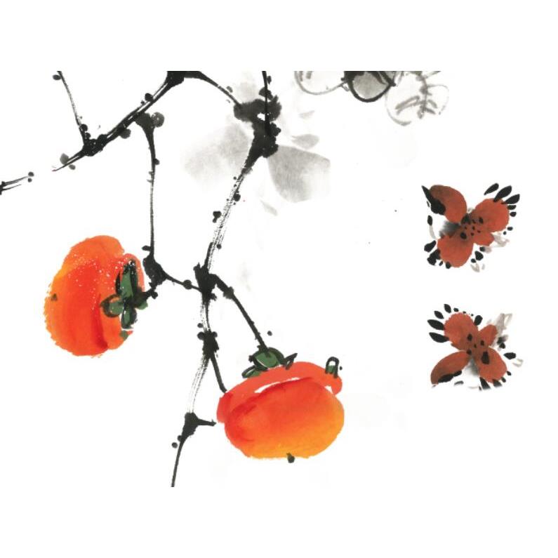 万如意现代中画式鸟花挂画竖版事玄VIN关柿子图国画水墨山水微喷