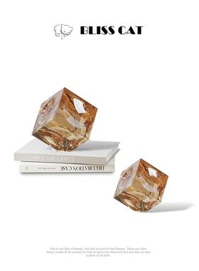 现代轻奢灰色方形水晶摆件样板房客厅茶几桌面咖色方块创意装饰品