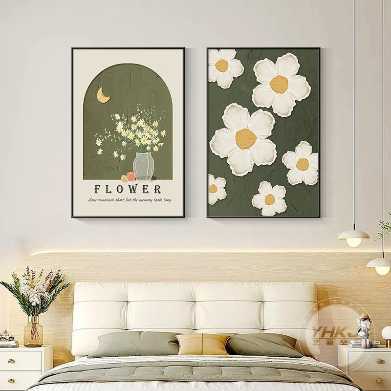 现代简约卧室床头装饰画ins文艺花卉组合两联挂画房间背景墙壁画图片