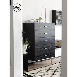 西多home 五斗柜实木橡木黑色客厅边柜北欧覆古原木储物柜抽屉柜