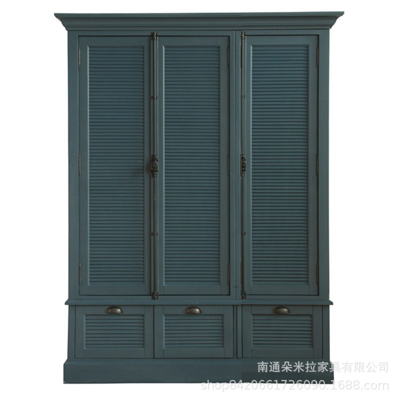 法式复古做旧实木百叶门衣柜美式乡村天地锁四开门橡木衣橱