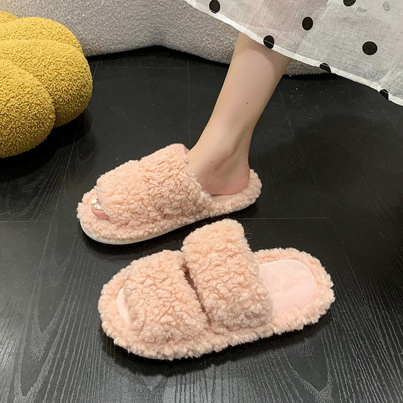 新款 网红轻奢ins双杠卷毛棉拖鞋居家少女心糖果色彩室内毛毛拖鞋