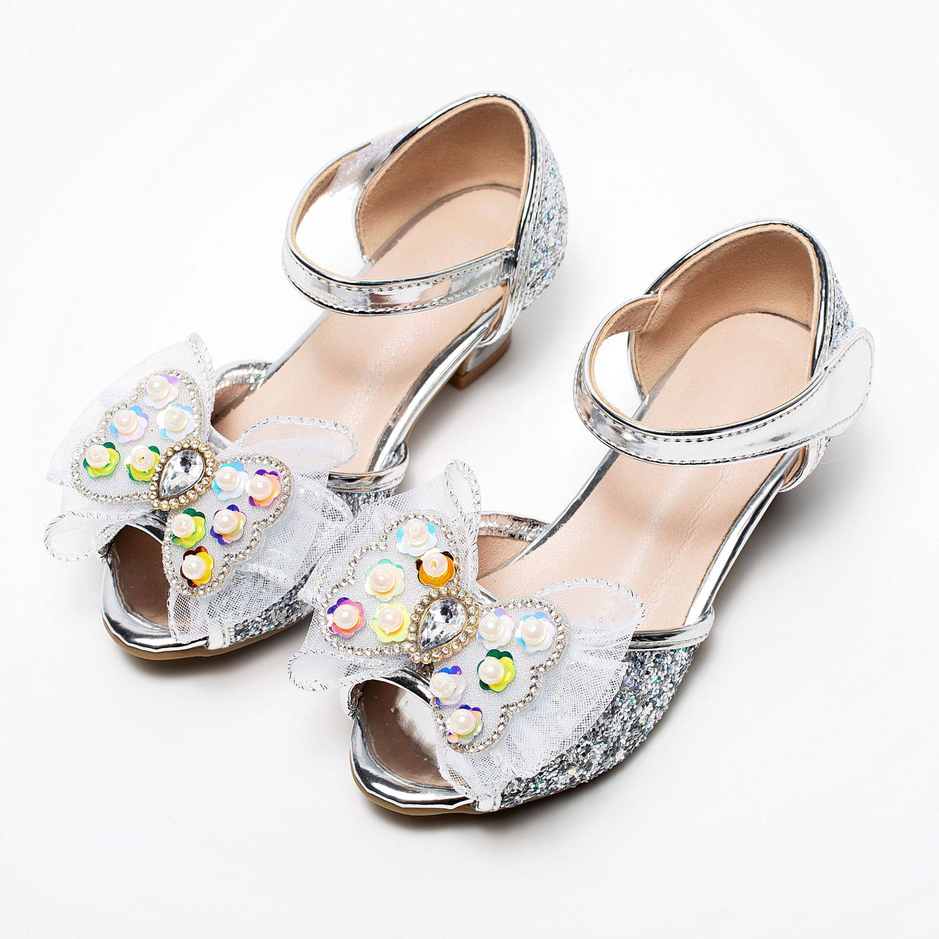 新款女童蝴蝶结公主鞋小女孩演出亮片礼服高跟鞋儿童鱼嘴中空凉鞋