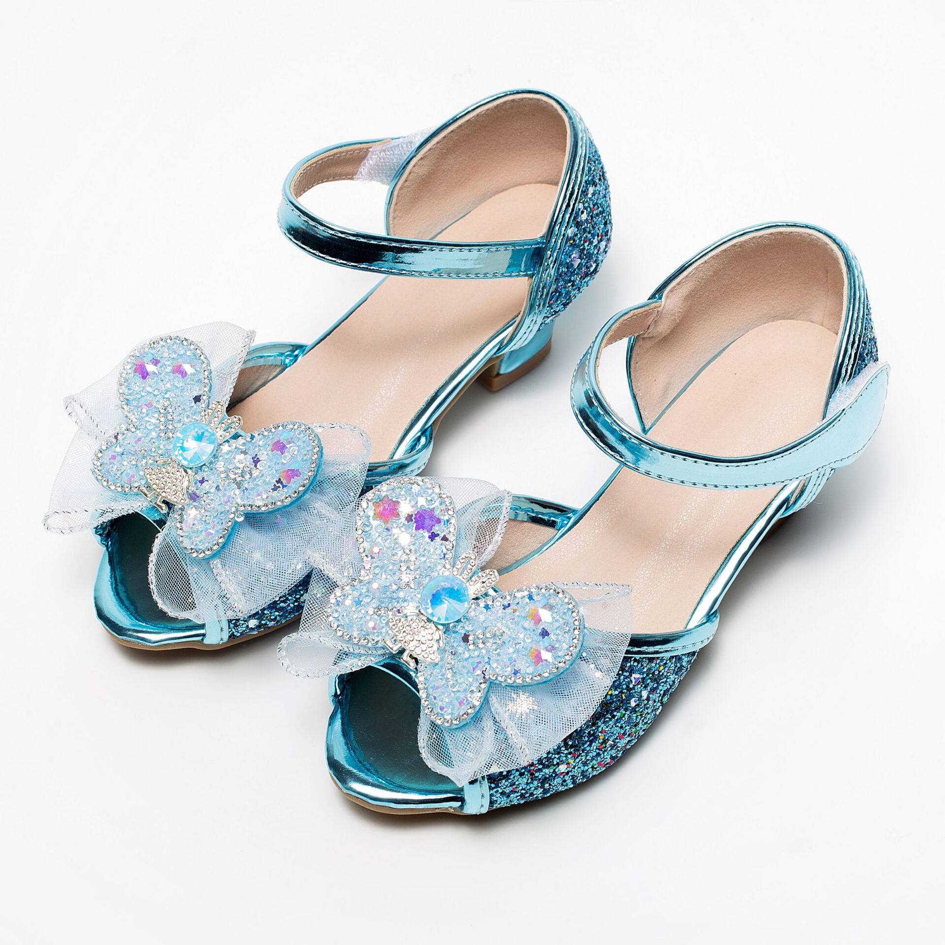 新款女童可爱公主鞋小女孩演出亮片礼服高跟鞋儿童鱼嘴中空凉鞋子