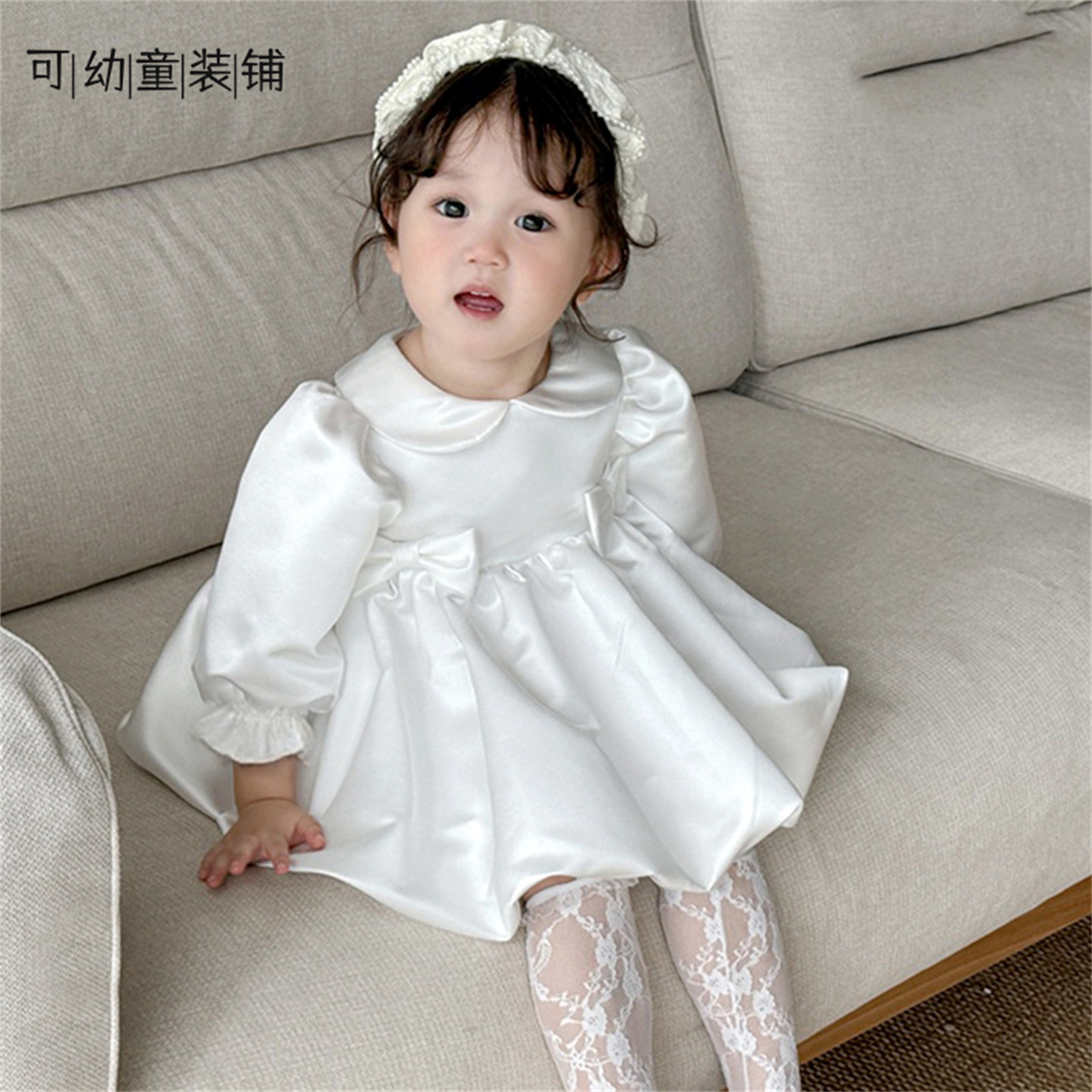 女宝宝礼服抓周生日宴春秋新款韩式白色洋气公主裙长袖蓬蓬连衣裙