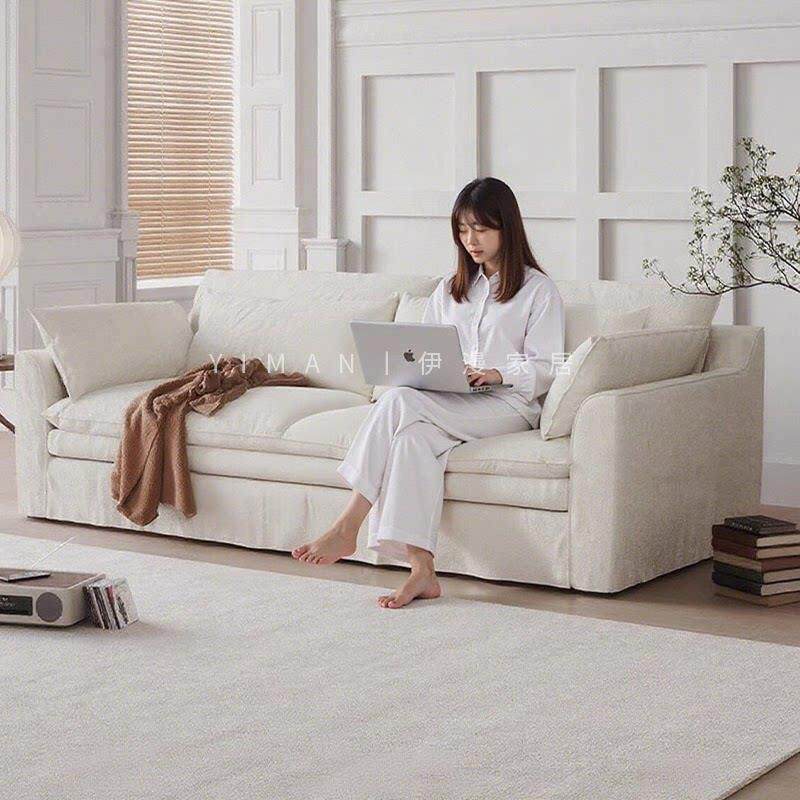 侘寂风怀抱沙发棉麻布艺客厅小户型可拆洗法式奶油风三人直排沙发
