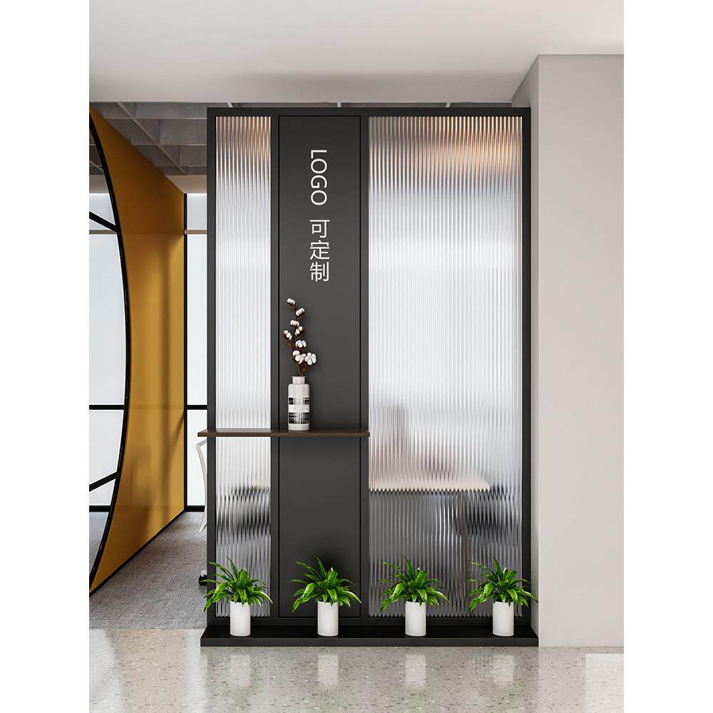 简约现代长虹玻璃办公室隔断挡板铁艺屏风公司前台玄关背景Logo墙