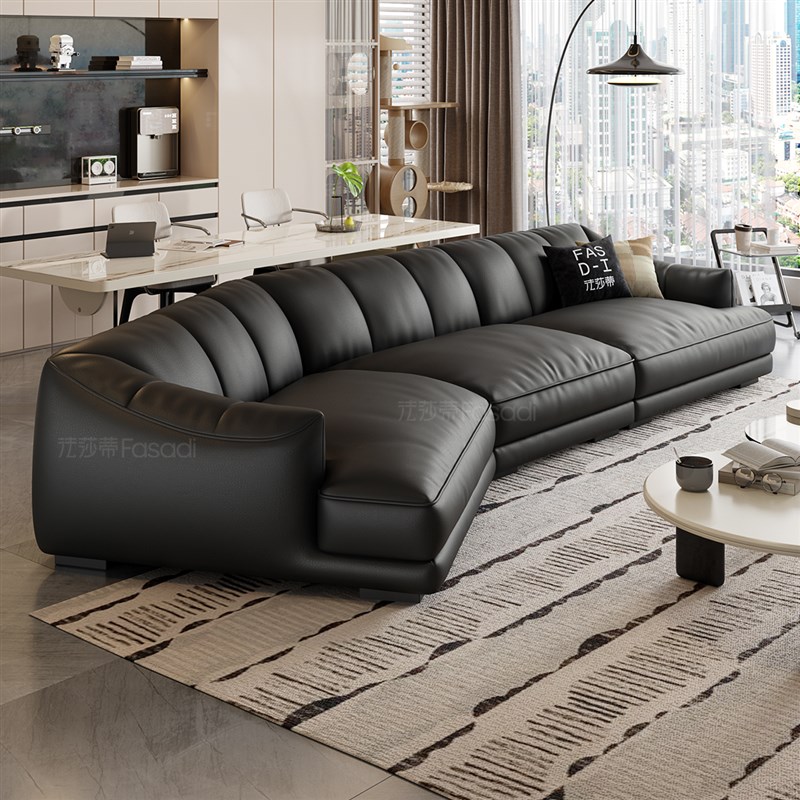 法莎蒂现代简约真皮沙发头层牛皮高D级黑色弧形转角小户型异形沙
