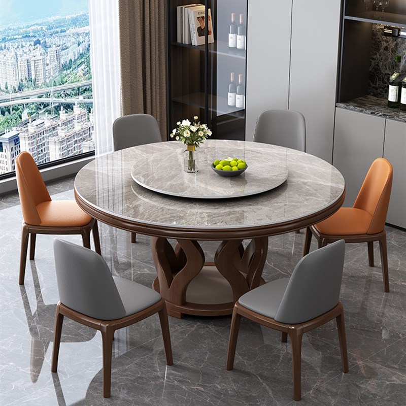实木轻奢岩板餐桌椅组合现代w简约小户型圆形家用圆桌带转盘饭桌