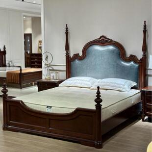 中古风实木美式床真皮材质床头软包榫卯结构1.8米双人床佛山家具