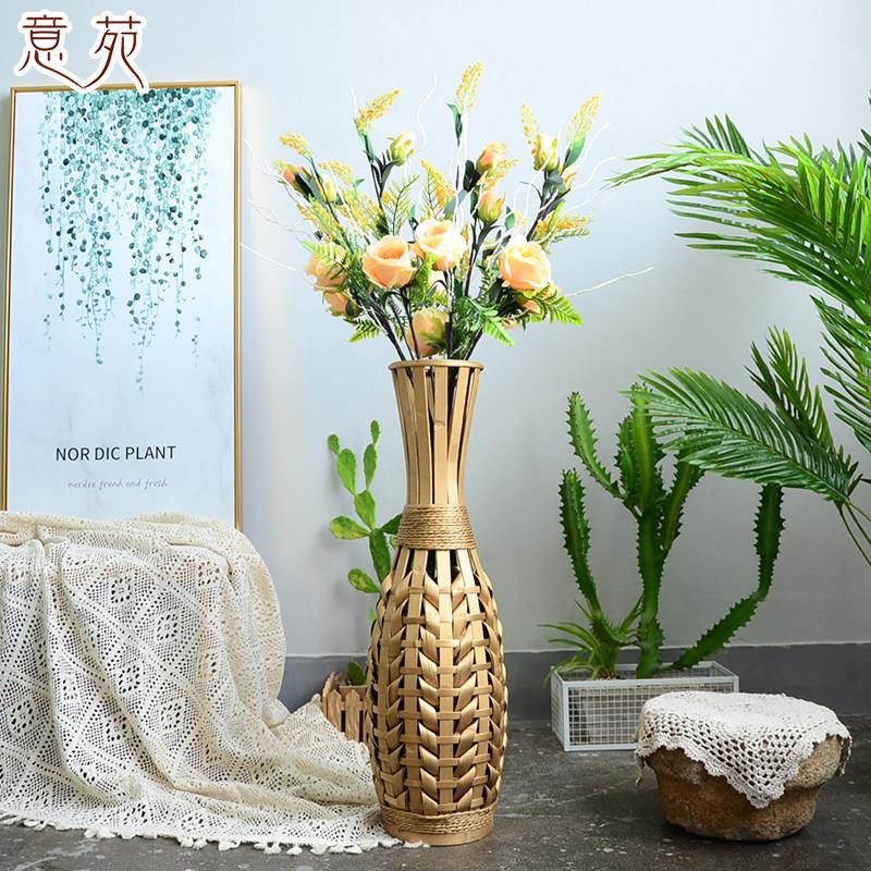 风景区旅游区游客中心竹编花瓶客厅落地插花摆件轻奢客厅玄关花器