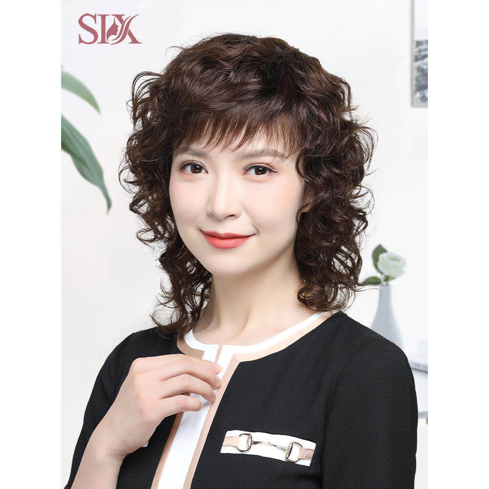 假发真发全真人发中老年卷发妈妈中长头发女全头套自然短发假发套