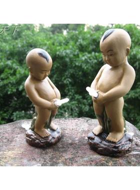 假山盆景配件上水石陶瓷尿童鱼缸摆设喷水小孩人物摆件水族装饰品