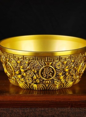 加厚实心黄铜聚宝盆摆件复古做旧浮雕金铜钱元宝S纯铜米缸客厅聚