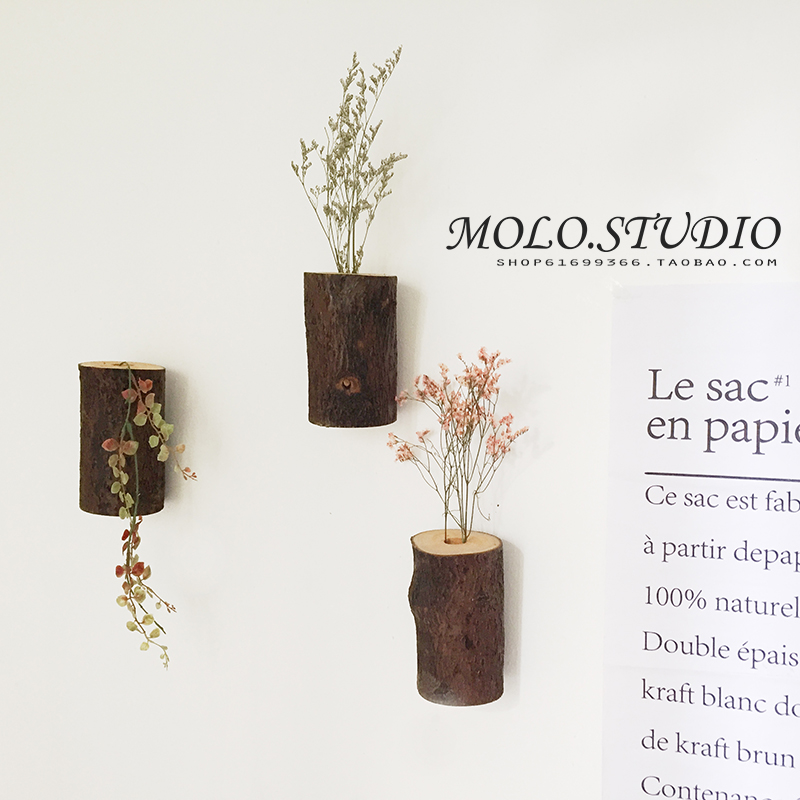 【木落】清新北欧k木头墙壁装饰品木质创意植物墙家居树桩花瓶挂