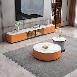 小户型客厅家用感岩板 轻奢电视柜组合大号尺2022高级圆形茶几新款