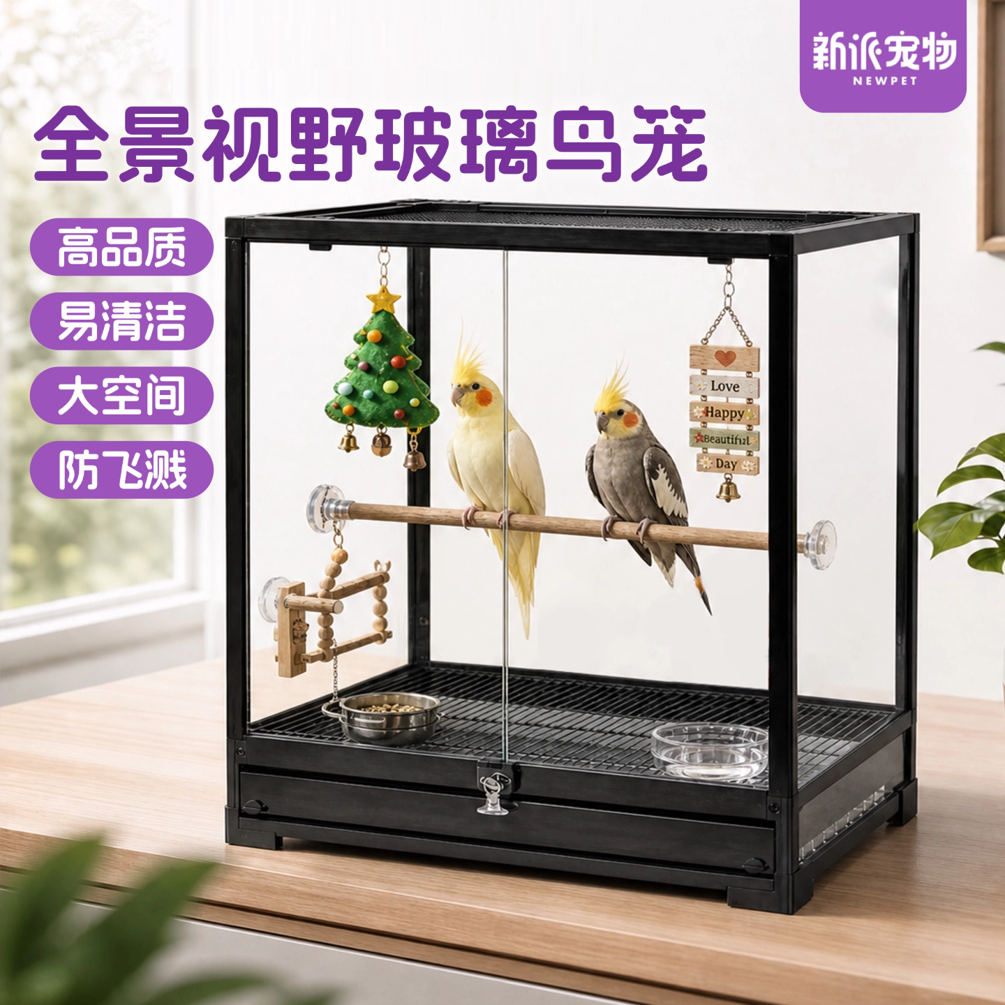 新派宠物全景高透玻璃鸟笼鹦鹉笼