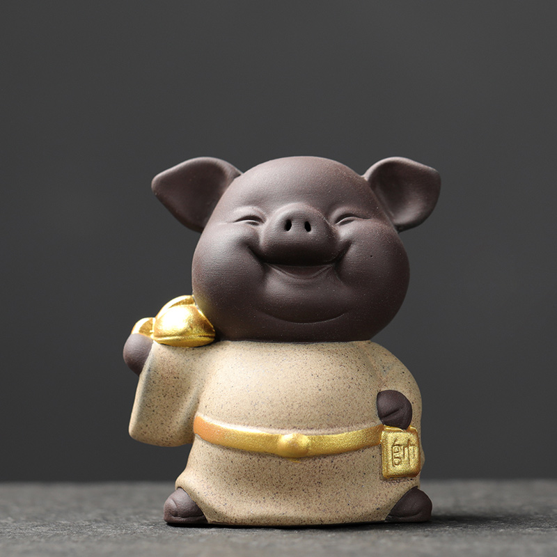 宇轩 紫砂茶宠创意五福猪摆件手工可养茶艺迷你描金茶玩茶具配件