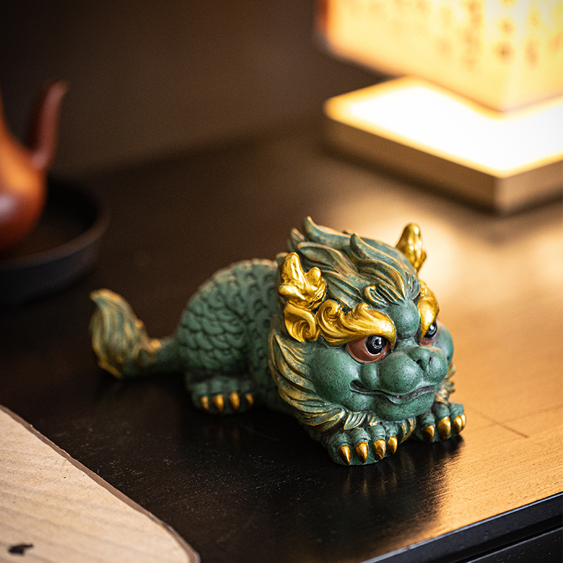 国潮高档彩金瑞兽水火麒麟一x对公母摆件家居客厅办公室桌面装饰