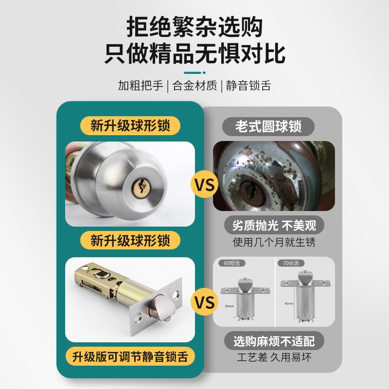 球形门锁家用通用型卧室老式房间木门锁具卫O生间三杆式球型锁心