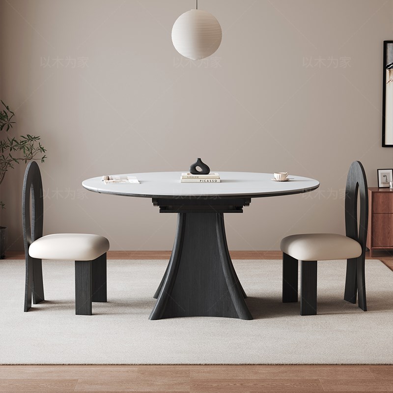 复古实木岩e板可伸缩餐桌轻奢小户型可折叠餐桌菱角岩板家用饭桌